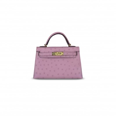HERMES MASTER MINI KELLY ROSE BUBBLEGUM OSTRICH GOLD HARDWARE (19*12*5.5cm)